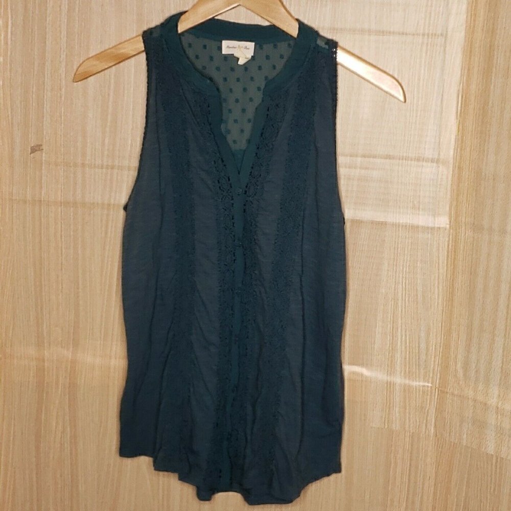 Meadow Rue Womens Green Sleeveless Knit Top Sheer Swiss Dot Detail XS